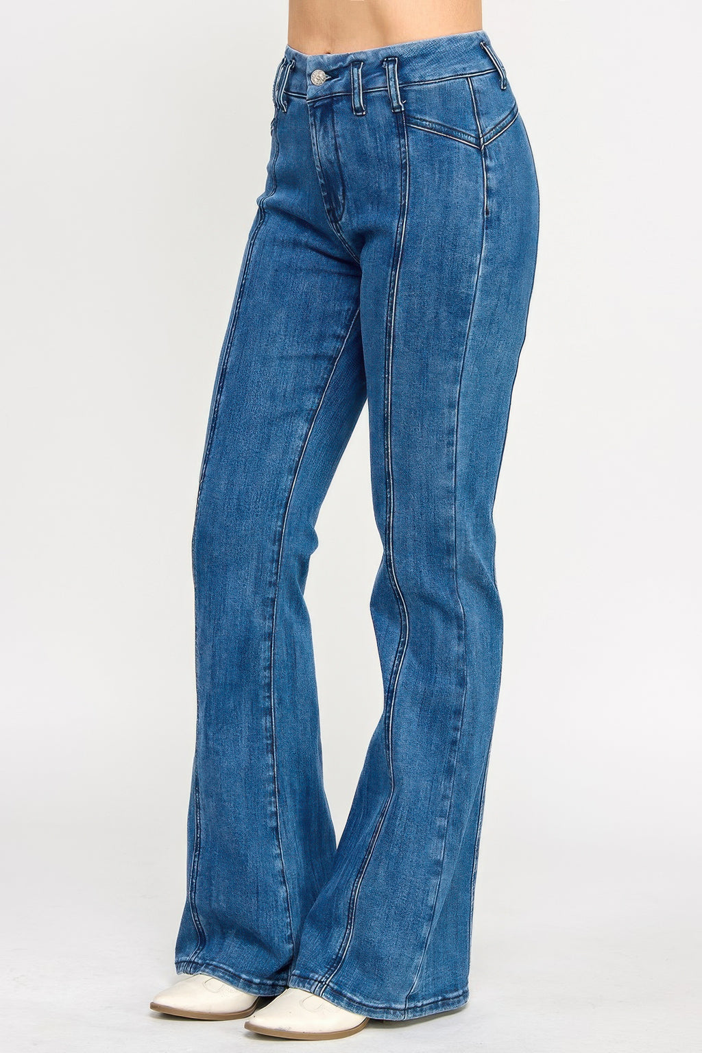 Blue high-rise flare jeans with long inseam and contrast stitch lines