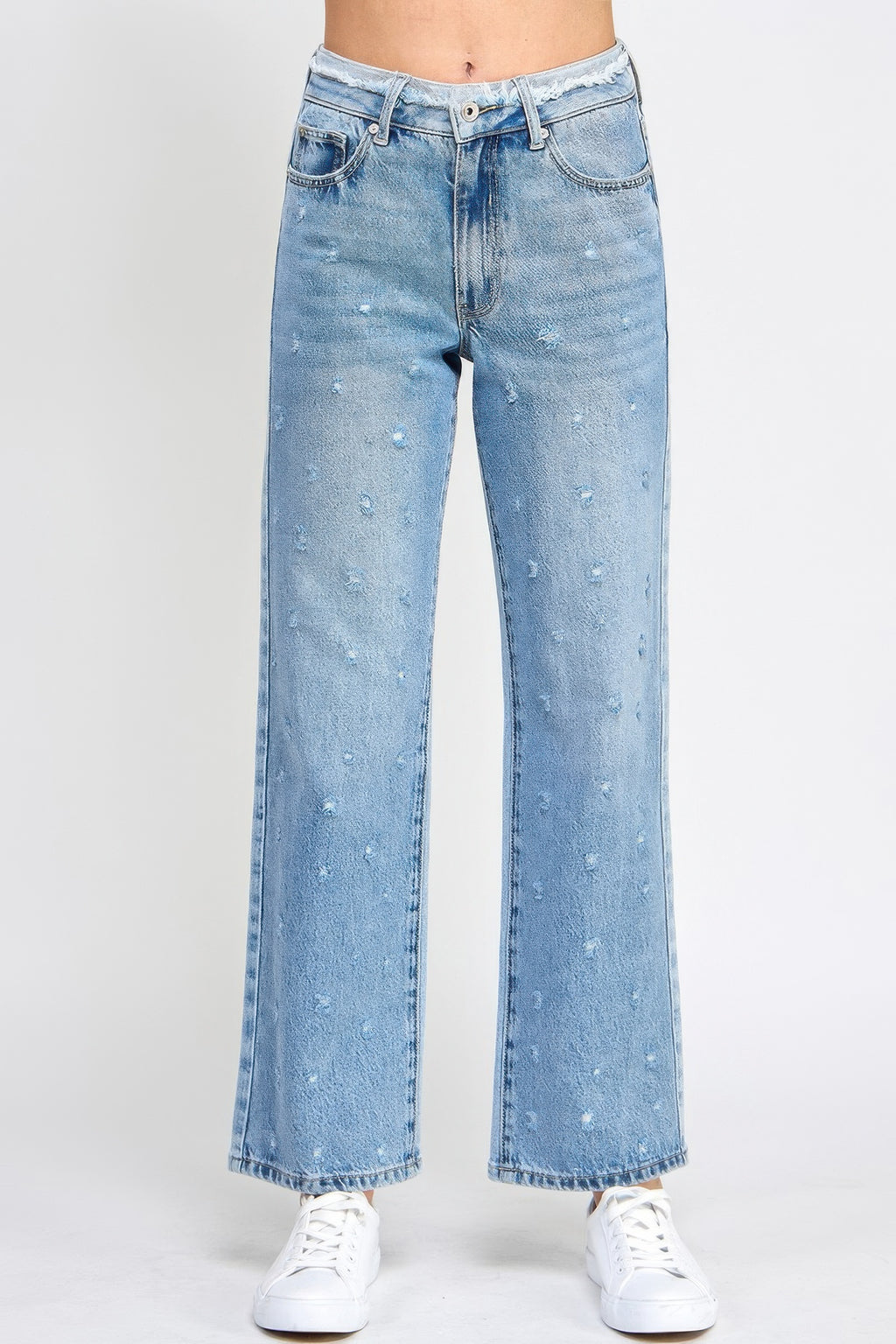 High-Rise Dad-Jeans mit Fransen am Bund, hellblau, Knopf- und Reißverschluss
