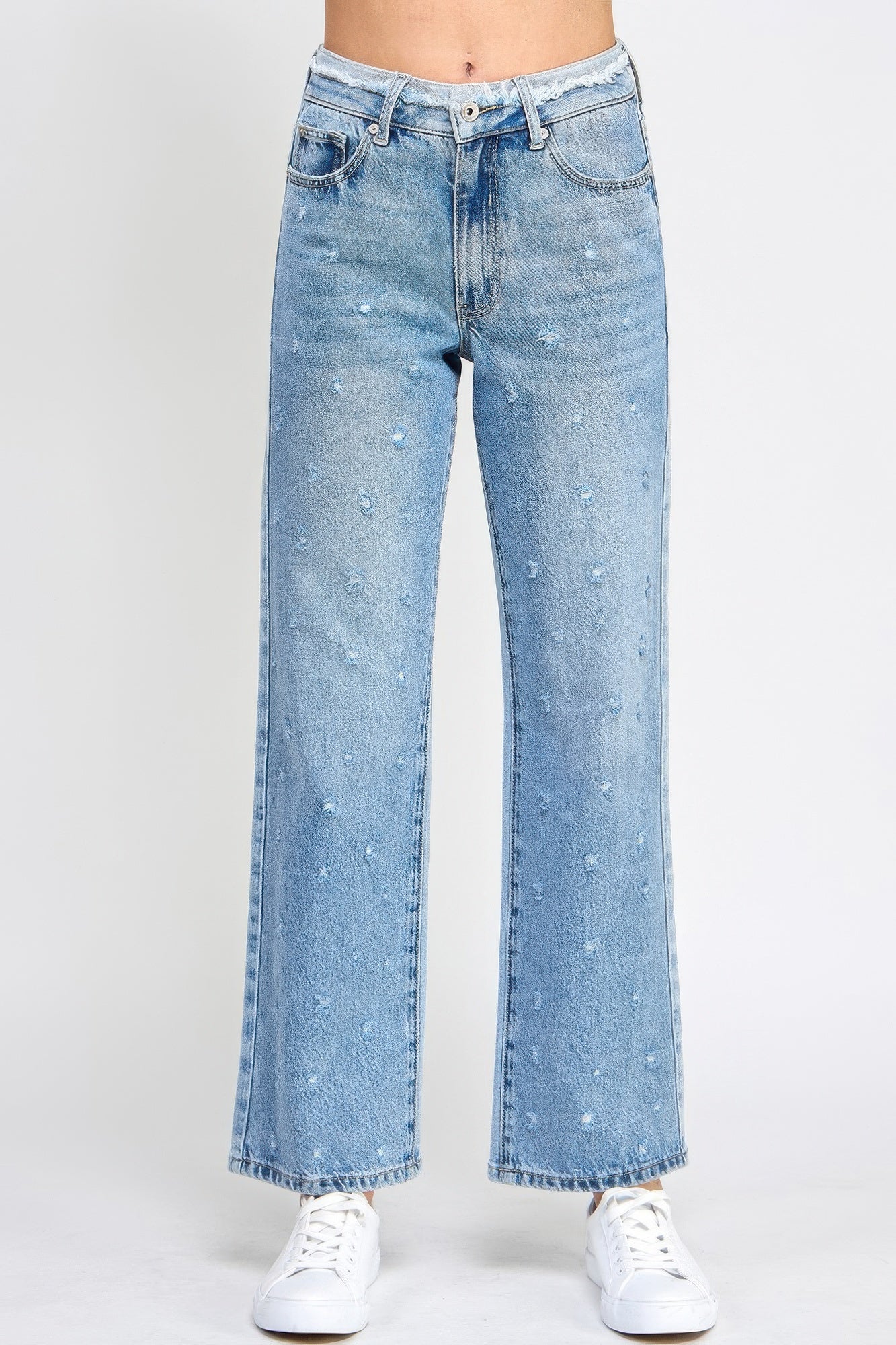 High-Rise Dad-Jeans mit Fransen am Bund, hellblau, Knopf- und Reißverschluss