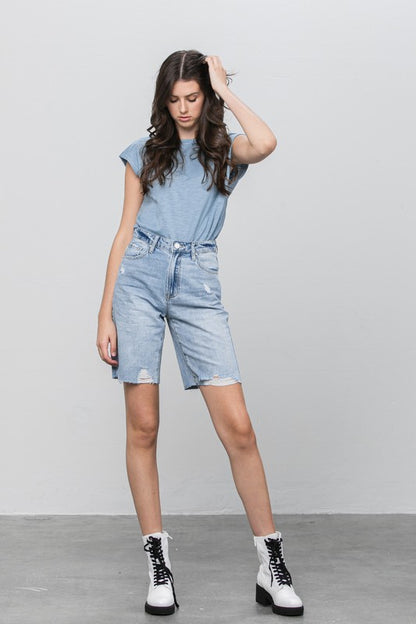 High Rise Distressed Denim Burmuda Jean Shorts - Tigbul's Variety Fashion Shop