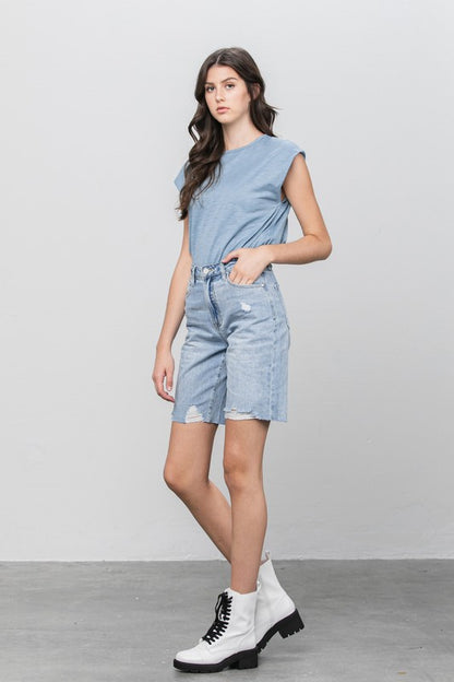 High Rise Distressed Denim Burmuda Jean Shorts - Tigbul's Variety Fashion Shop