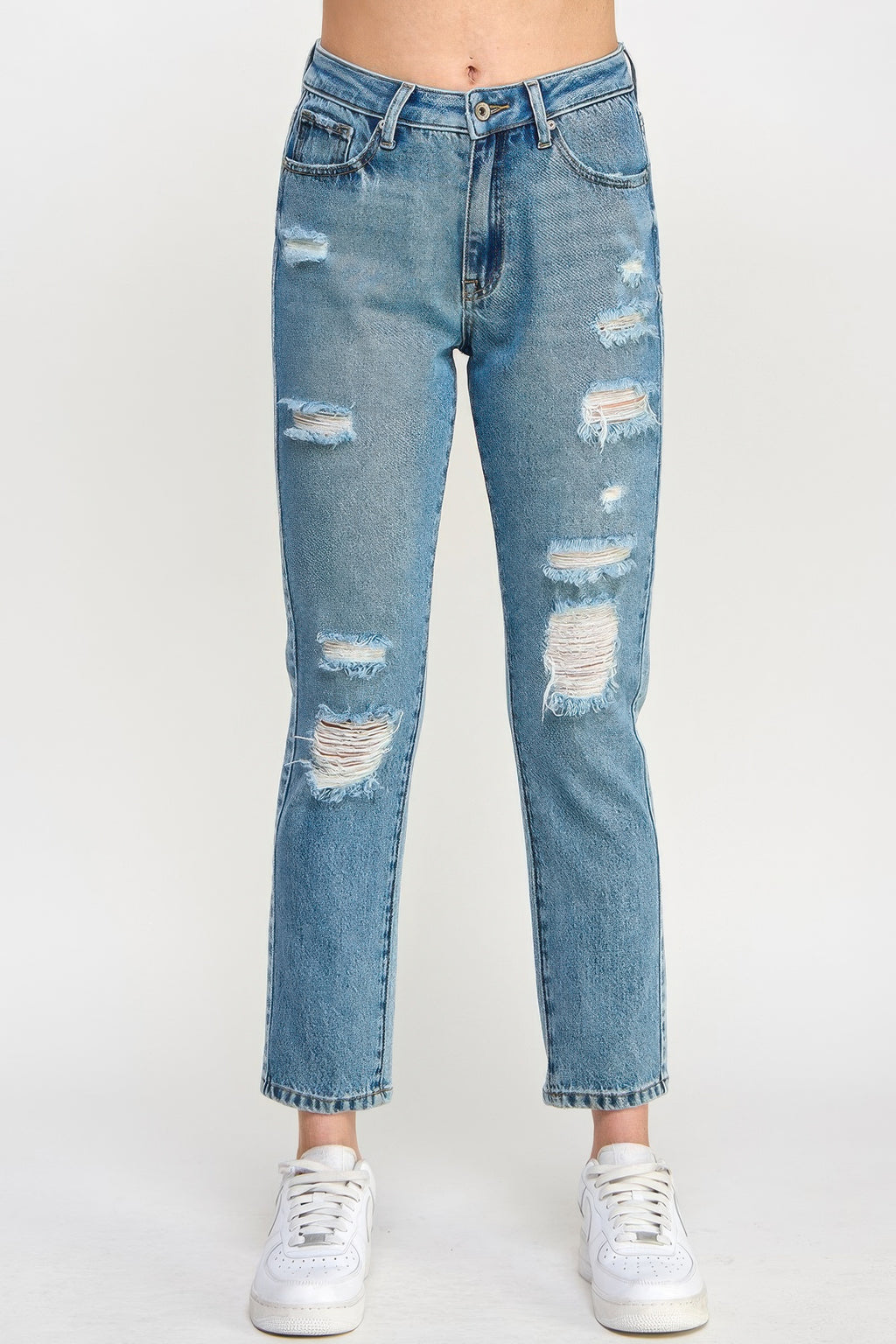 Tigbul's High-rise distressed relaxed straight jeans in light blue with knee rips