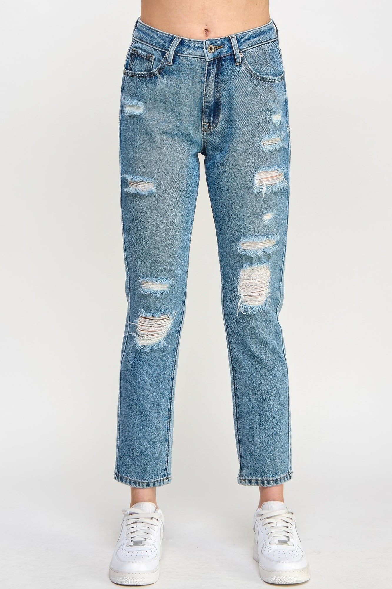 Tigbul's High-rise distressed relaxed straight jeans in light blue with knee rips