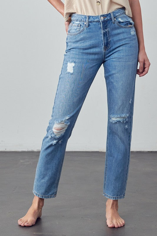 High Rise Distressed Straight Jeans - Tigbul's Variety Fashion Shop