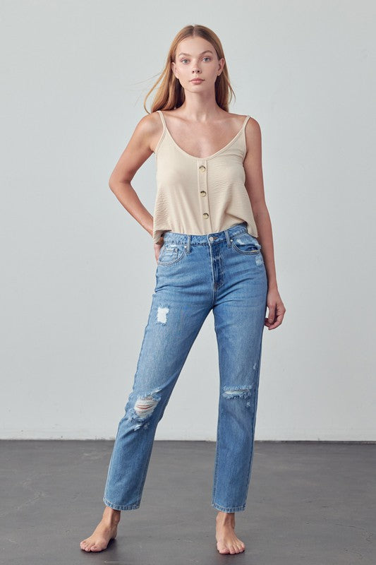 High Rise Distressed Straight Jeans - Tigbul's Variety Fashion Shop