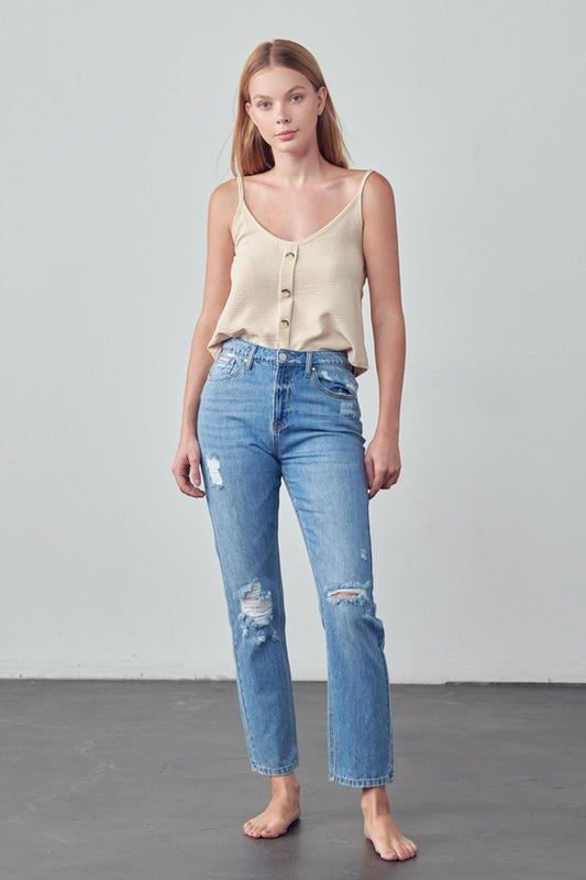 High Rise Distressed Straight Jeans - Tigbul's Variety Fashion Shop