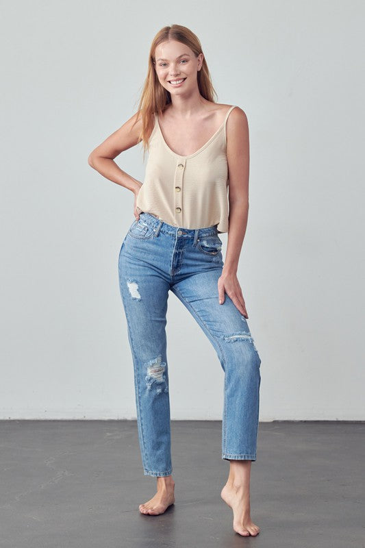 High Rise Distressed Straight Jeans - Tigbul's Variety Fashion Shop