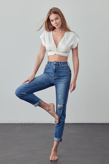 High Rise Ripped Girlfriend Jeans - Tigbul's Variety Fashion Shop