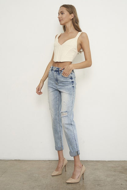 High Rise Ripped Girlfriend Jeans - Tigbul's Variety Fashion Shop