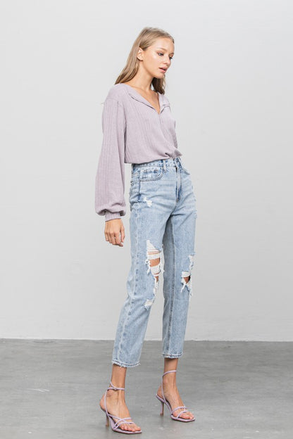 High Rise Ripped Girlfriend Jeans - Tigbul's Variety Fashion Shop
