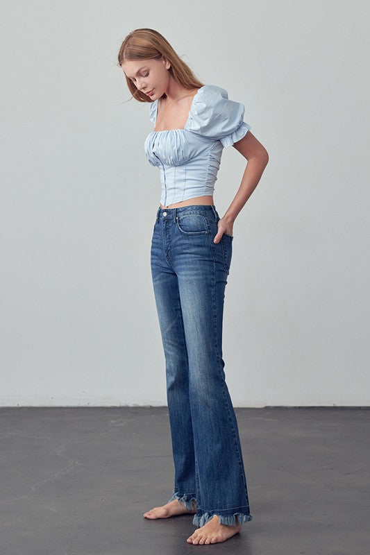 High Rise Skinny Boot Flare Jeans, dark wash, side view with high-rise waist