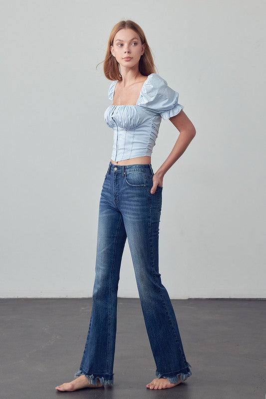 High Rise Skinny Boot Flare Jeans in dark wash, 3/4 front view with straight-to-flare fit