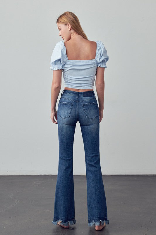 High Rise Skinny Boot Flare Jeans, dark wash, back view showing seam lines and pockets