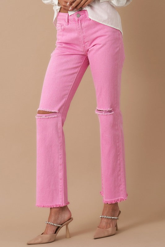 High Rise Slim Straight vaqueros rosa, dobladillo deshilachado y roturas
