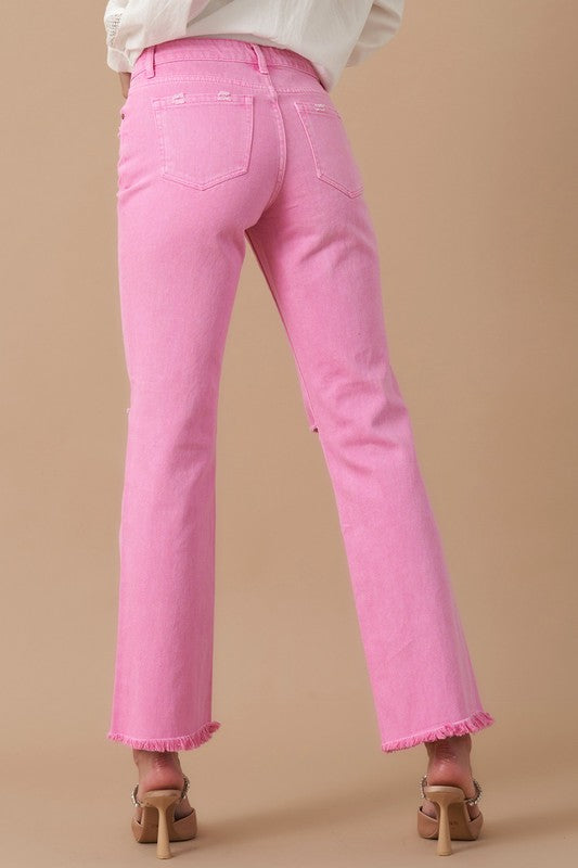 High Rise Slim Straight vaqueros rosa, bolsillo trasero y pierna recta slim