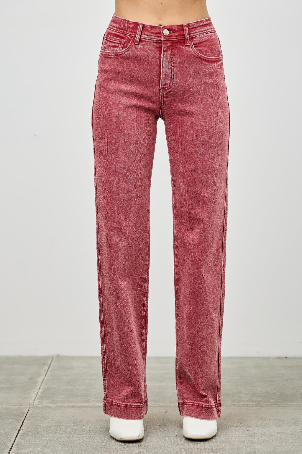 High Rise Slim Wide Straight Jeans, dunkelrot, Knopfleiste und 5-Pocket-Design
