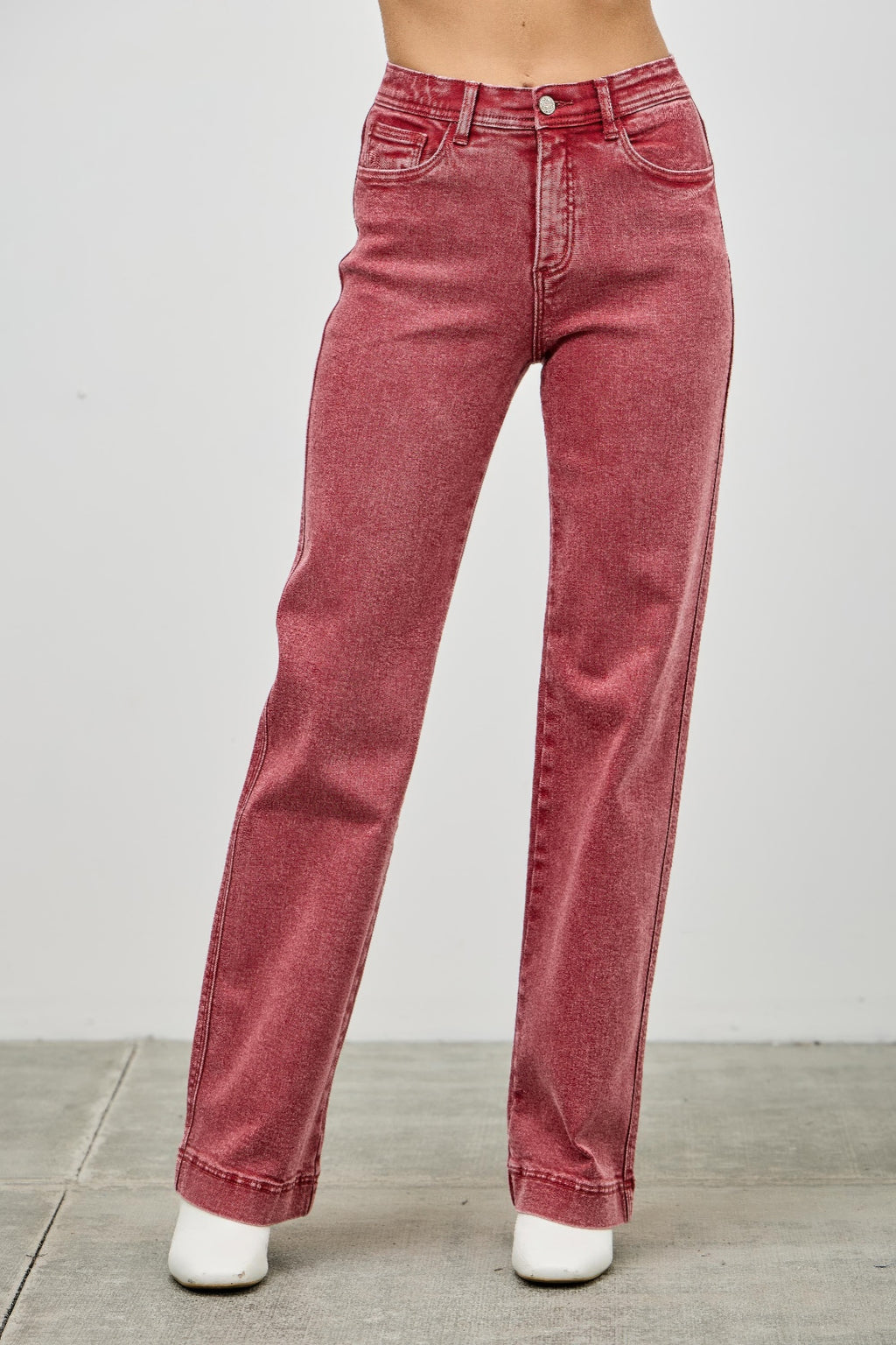 High Rise Slim Wide Straight Jeans, dunkelrot, hohe Taille, gerade weite Passform