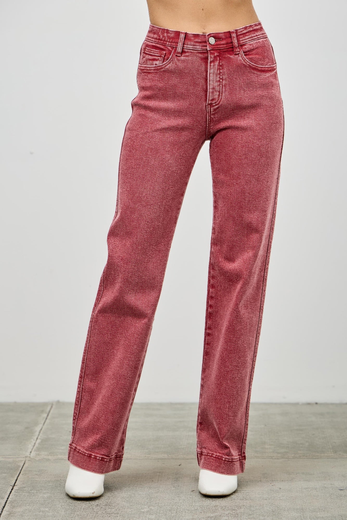High Rise Slim Wide Straight Jeans, dunkelrot, hohe Taille, gerade weite Passform