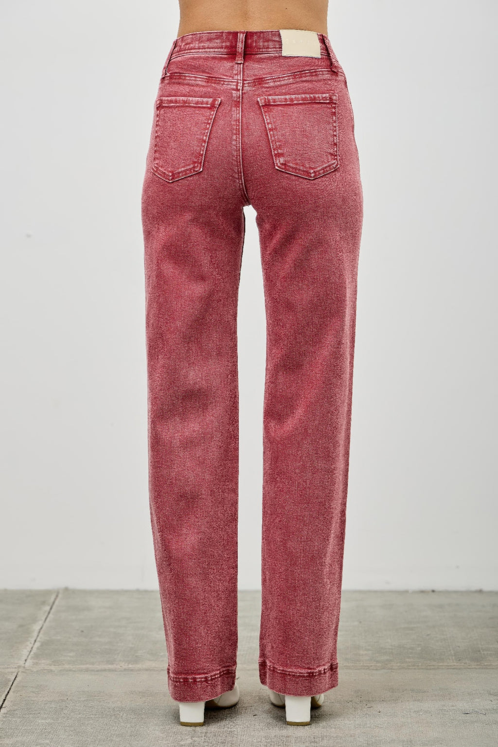 High rise slim wide straight jeans, maroon washed denim with front pockets and belt loops