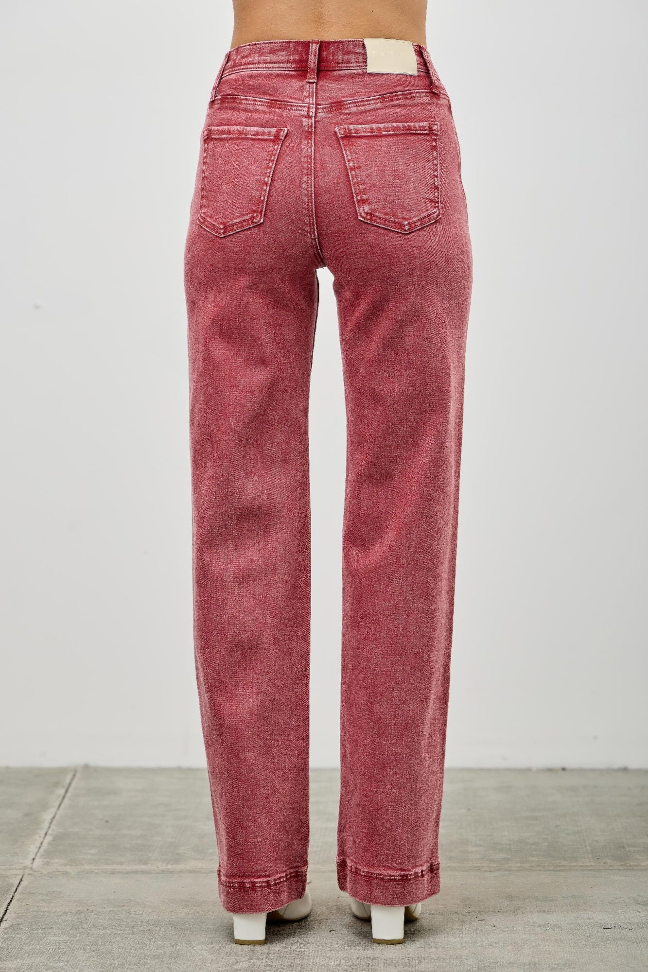 High rise slim wide straight jeans, maroon washed denim with front pockets and belt loops