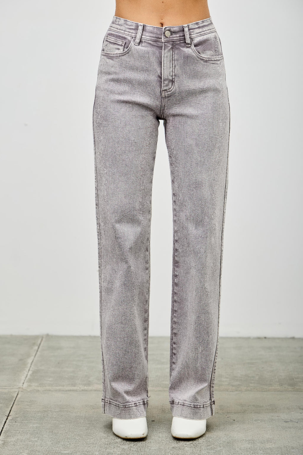 High Rise Slim Wide Straight jeans, light gray wash, front button and zipper.