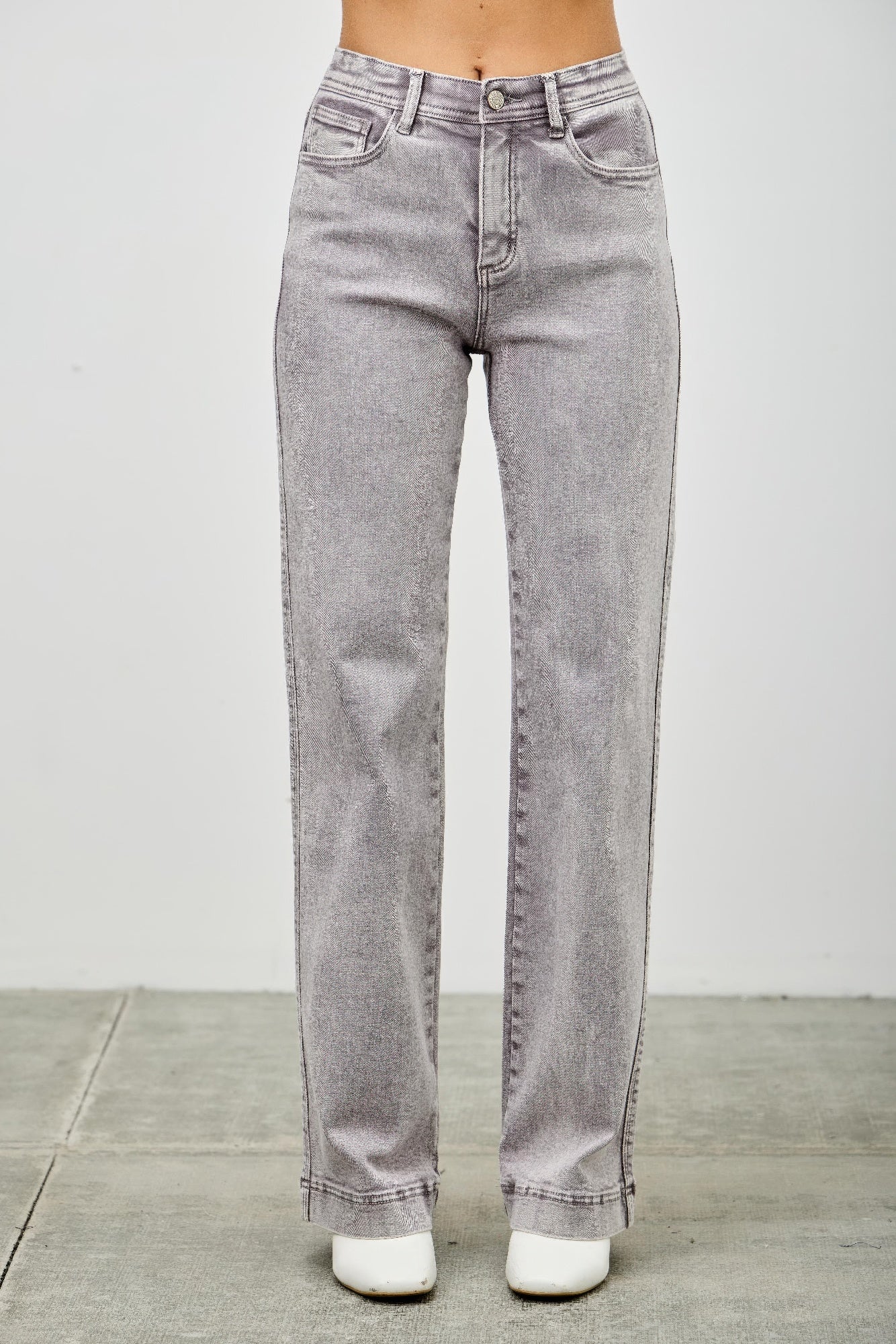 High Rise Slim Wide Straight jeans, light gray wash, front button and zipper.
