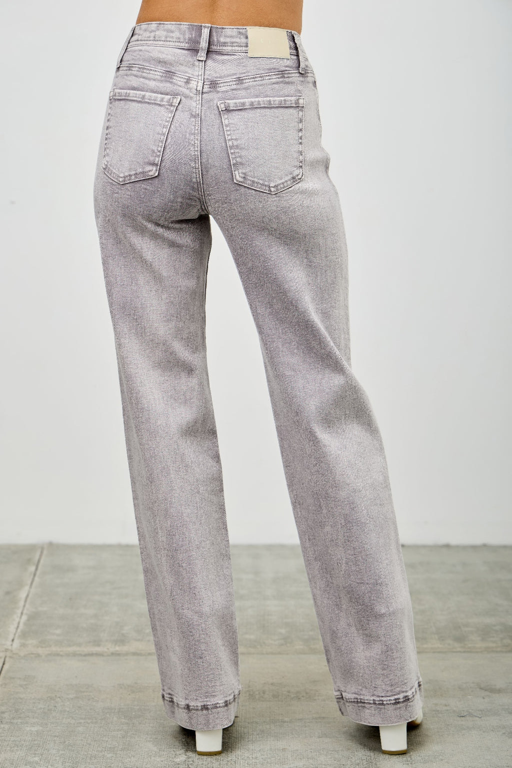 High-rise slim wide straight jeans in light gray denim, full front view