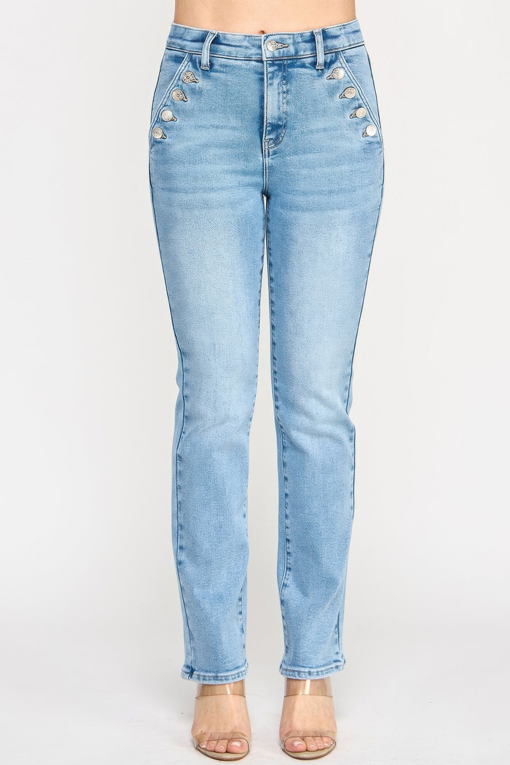 High-rise straight jeans with button pocket detail, light blue wash