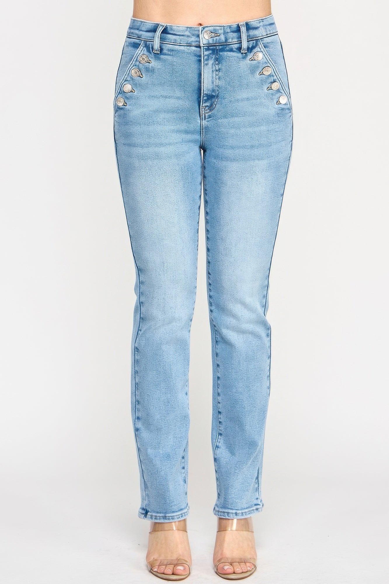High-rise straight jeans with button pocket detail, light blue wash