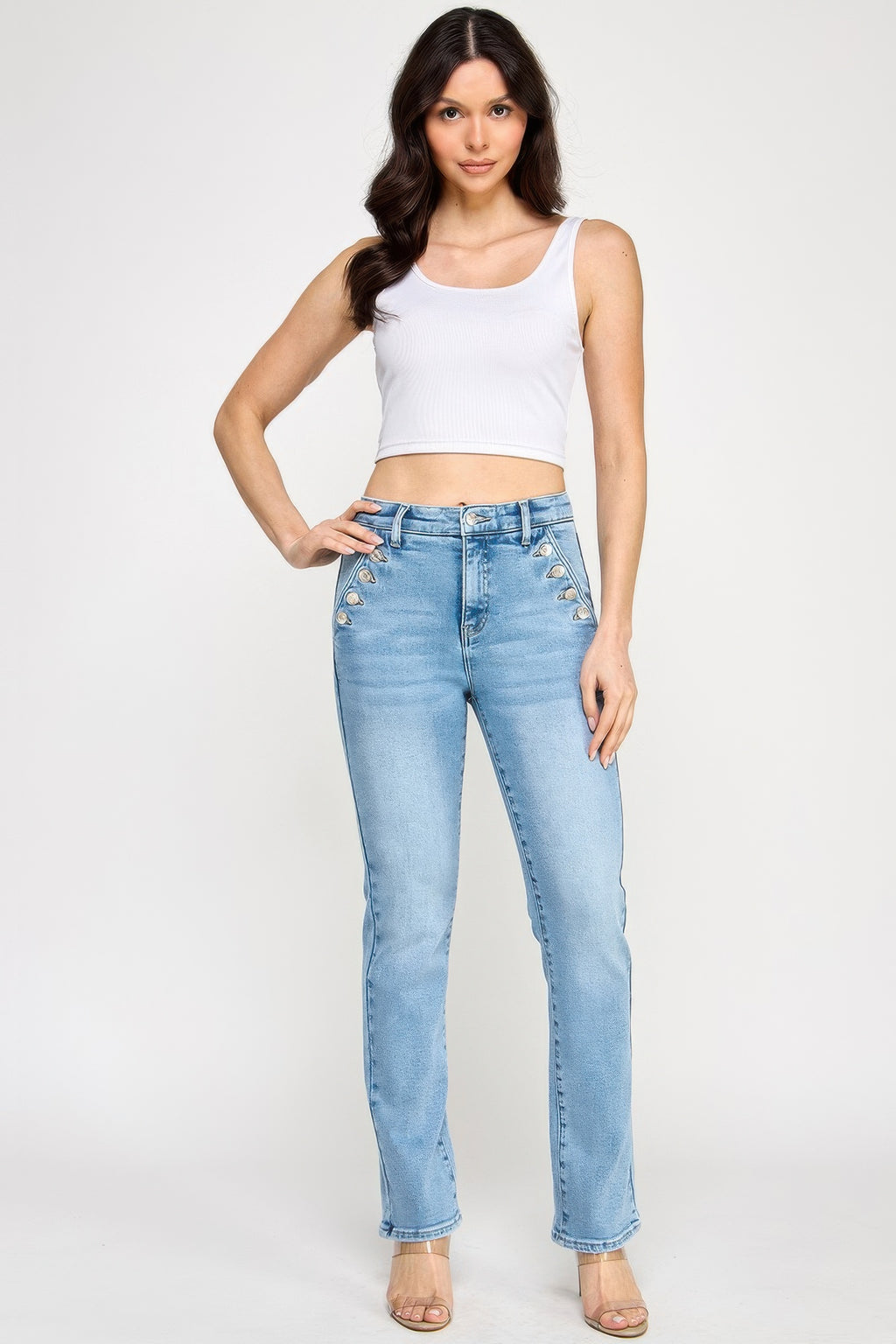 High-rise straight jeans with button pocket detail, light blue wash, full length