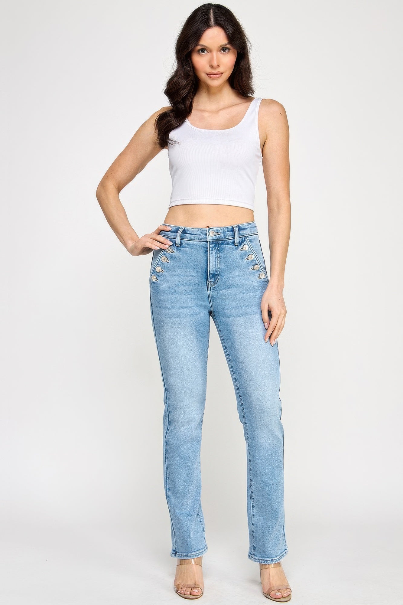 High-rise straight jeans with button pocket detail, light blue wash, full length