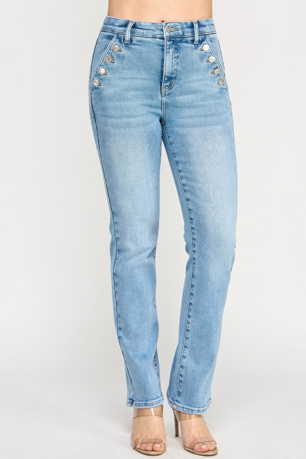 High-rise straight jeans with button pocket detail, light blue denim, front view