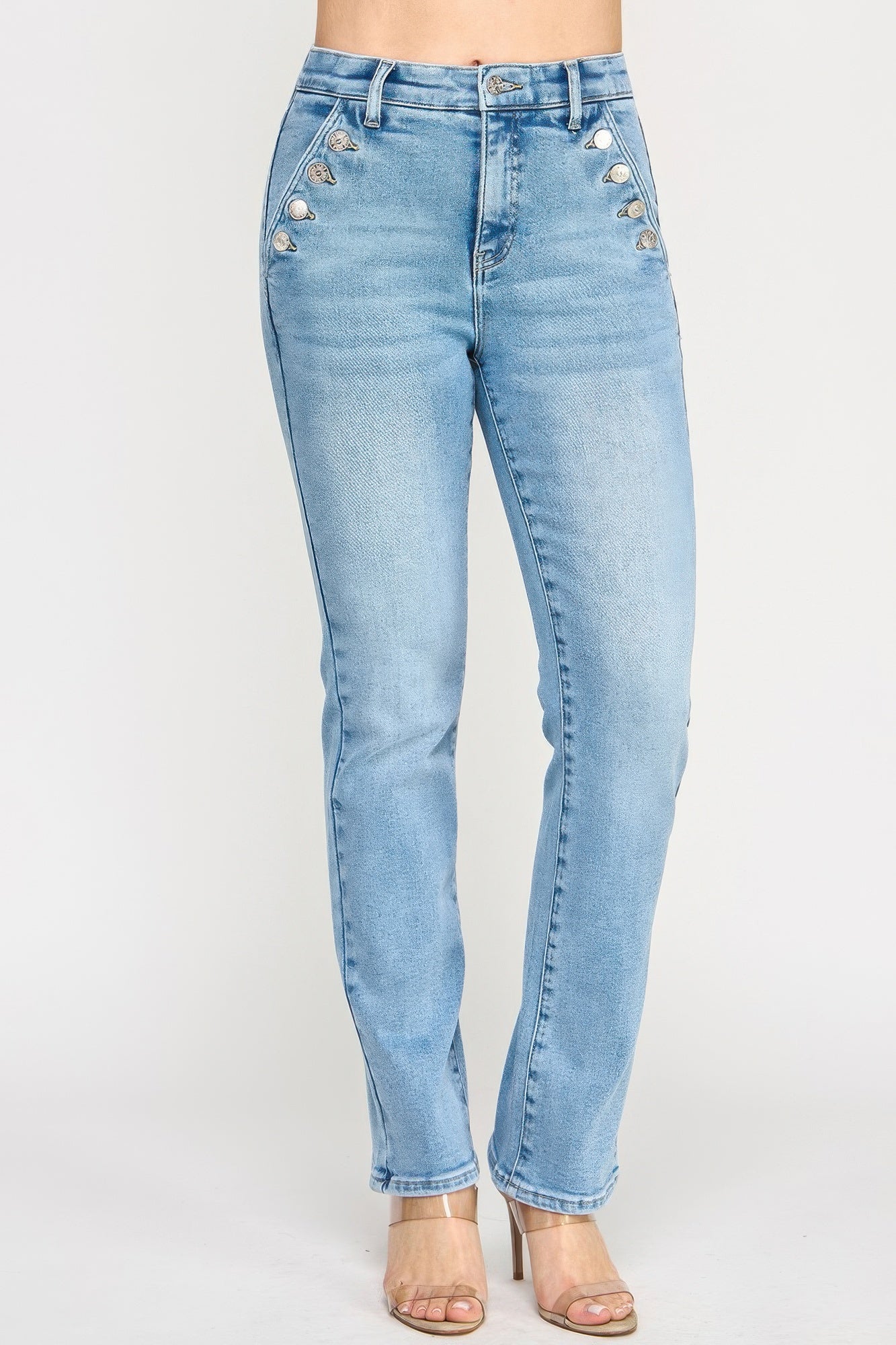 High-rise straight jeans with button pocket detail, light blue denim, front view