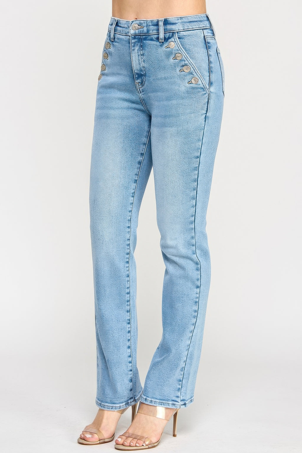 High-rise straight jeans with button pocket detail, back view, light blue denim