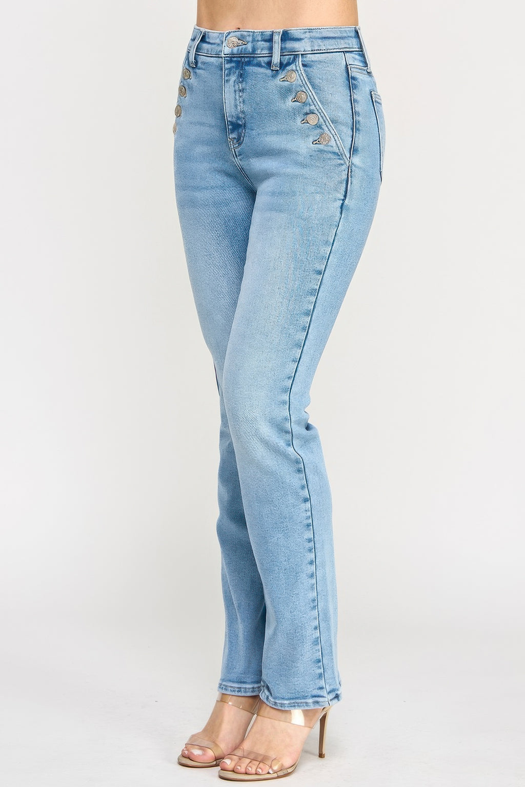 High-rise straight jeans with button pocket detail, side profile, light blue wash