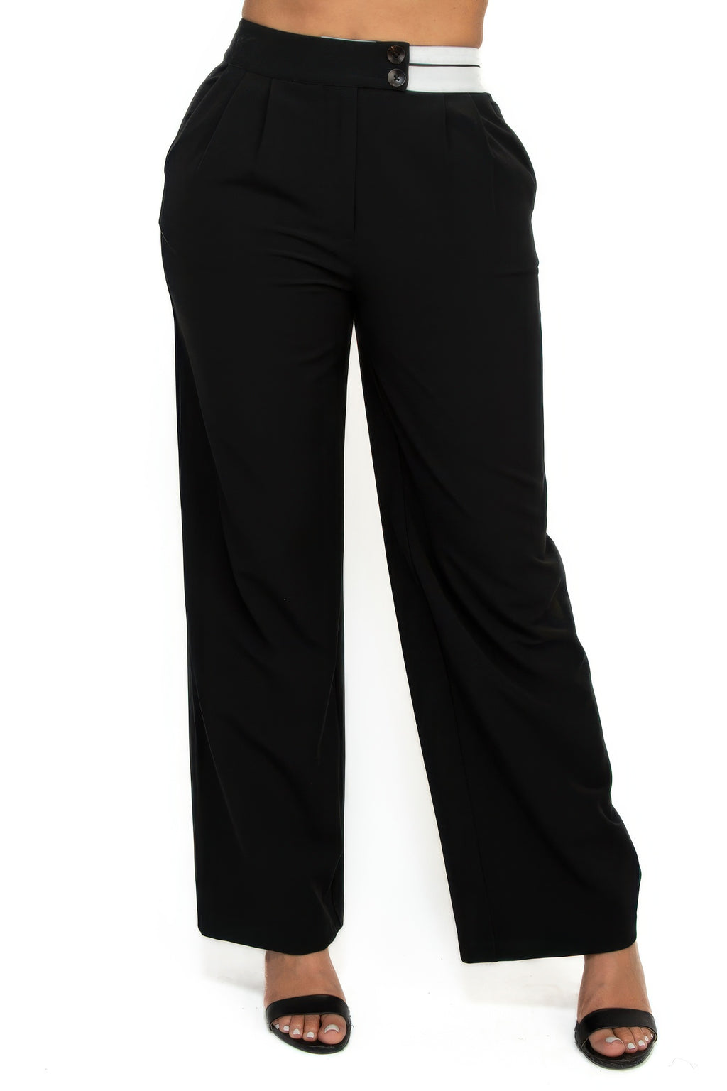 High-rise contrast-waist wide-leg pants, black with elastic waistband and button detail