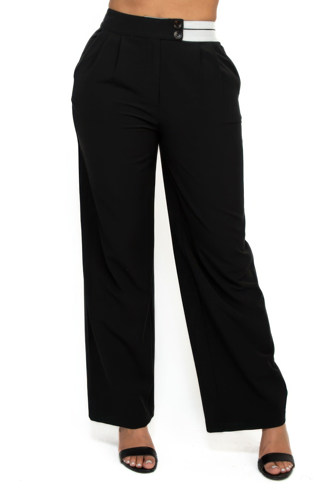 High-rise contrast-waist wide-leg pants, black with elastic waistband and button detail
