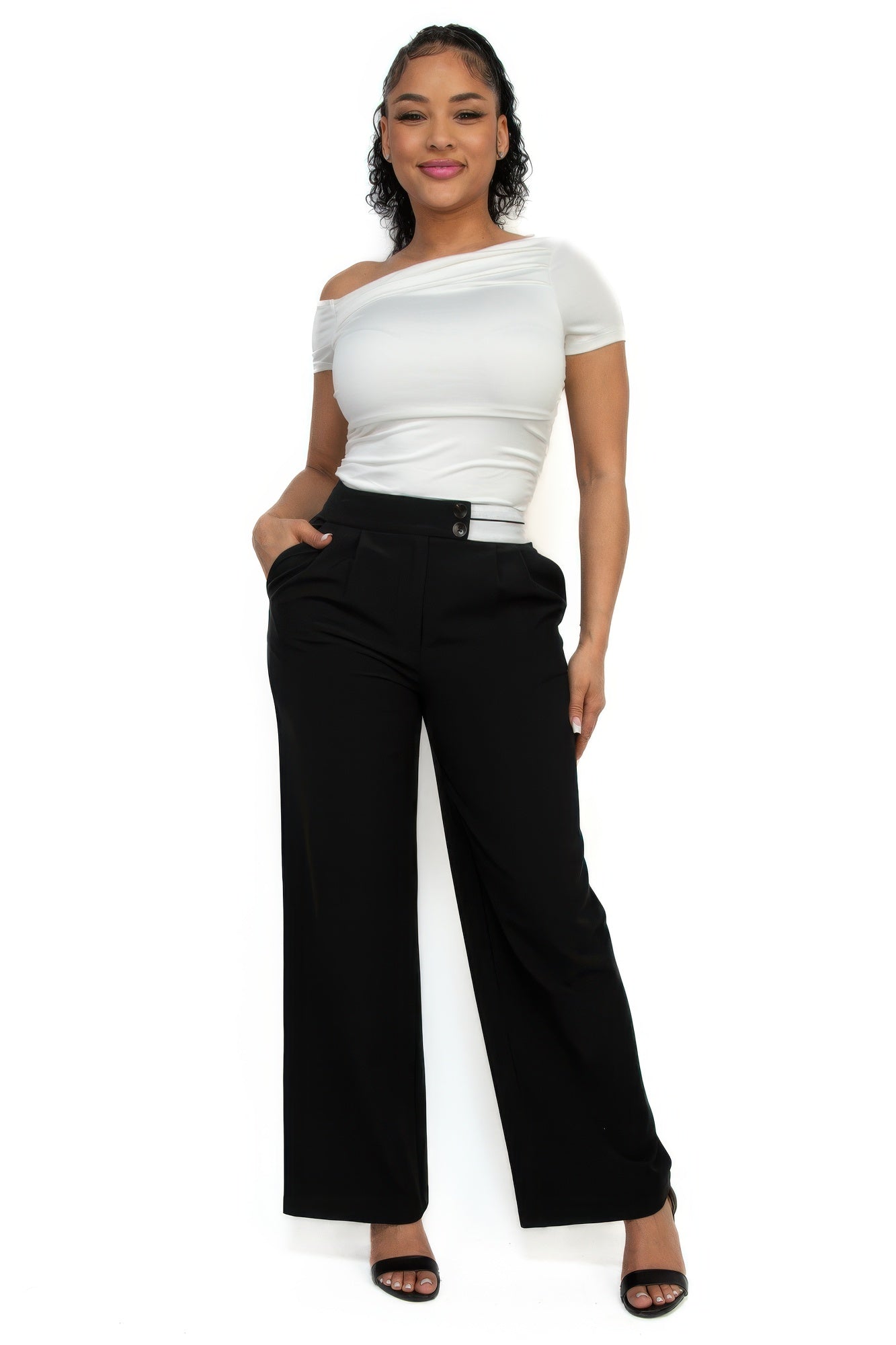 Wide-leg high-rise pants with contrast waist band, black trousers with side pockets
