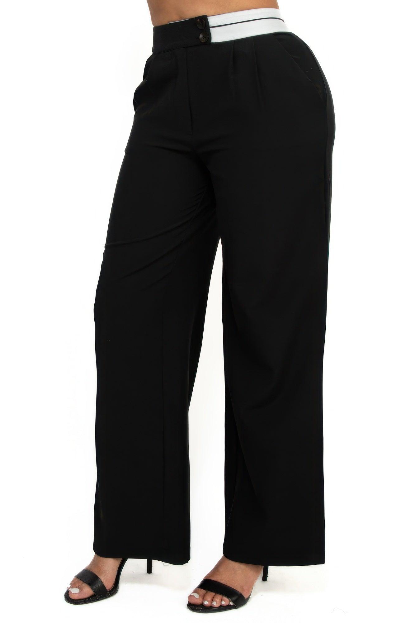 High-rise wide-leg pants in black, contrast waistband and straight, roomy legs