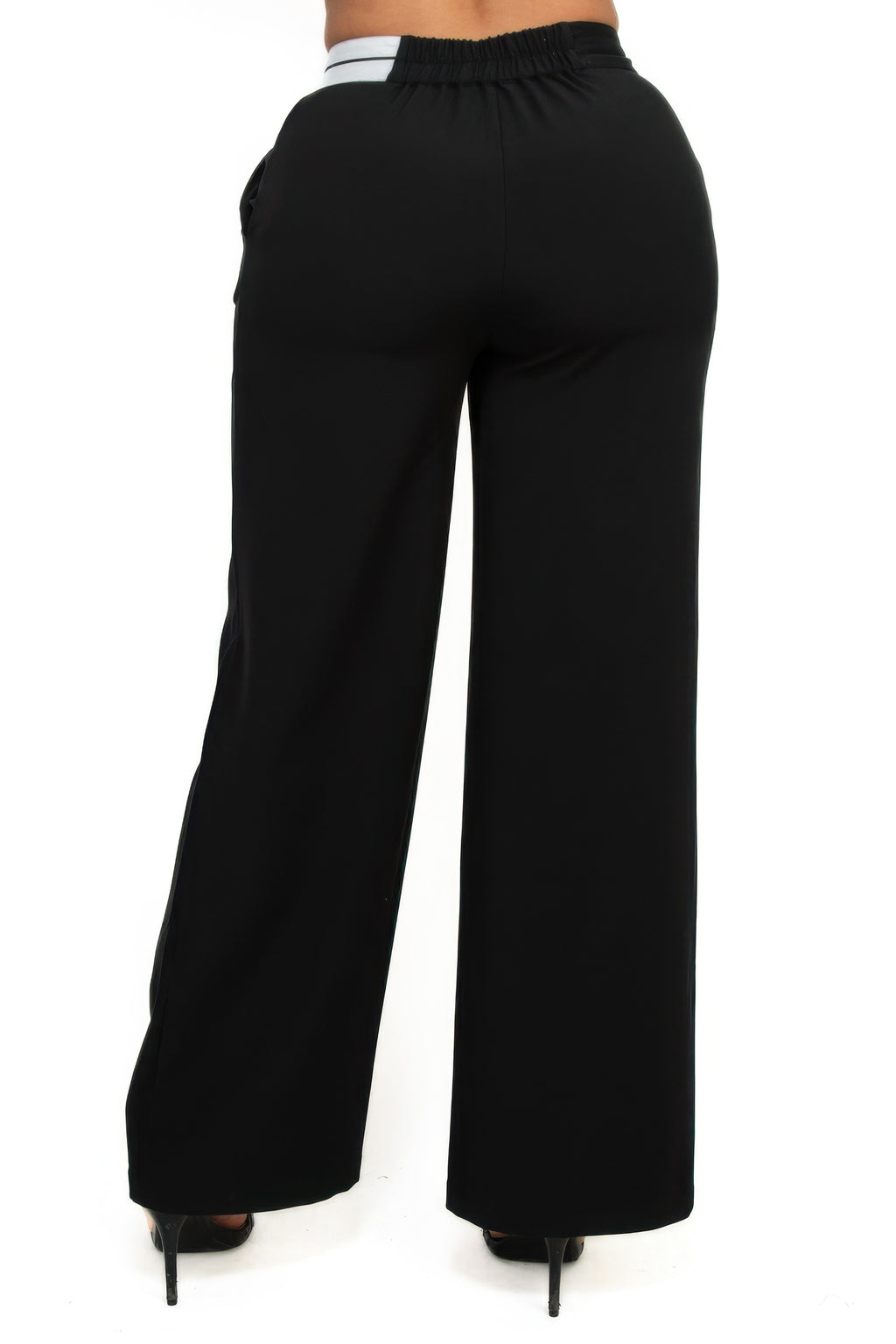 Back view of black high-rise wide-leg pants with elastic contrast waistband