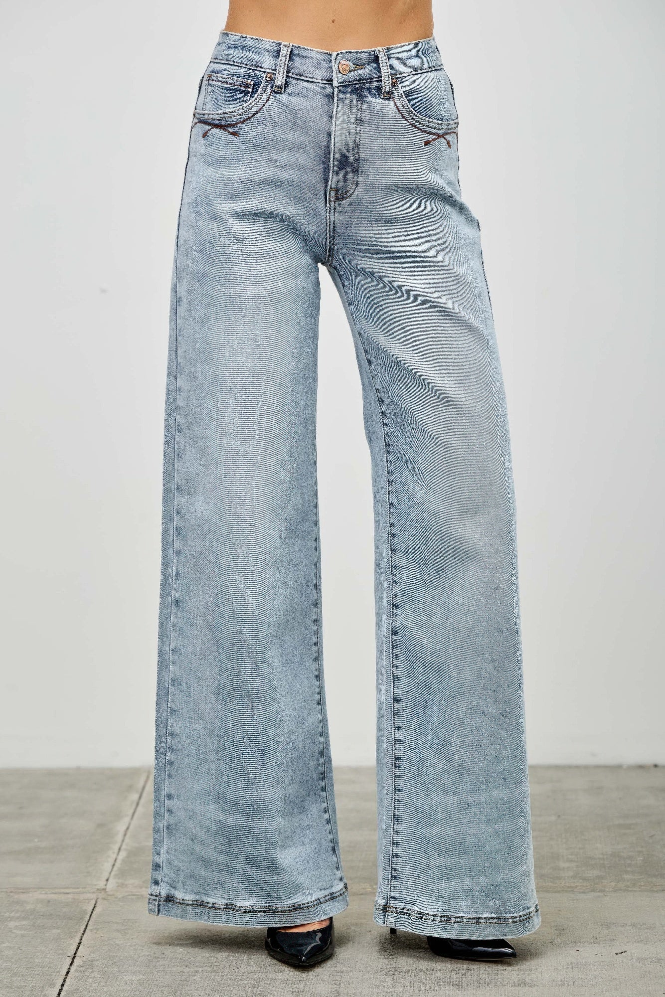 High rise wide-leg jeans back view, light blue denim with back yoke and stitched seams