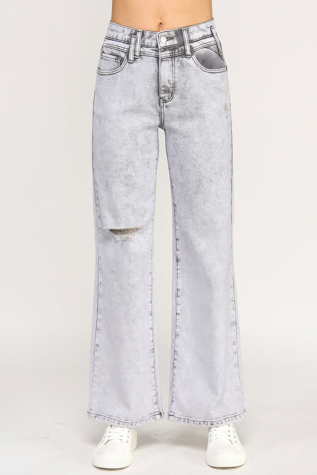 High-rise wide-leg acid grey jeans, straight wide cut with front pockets.