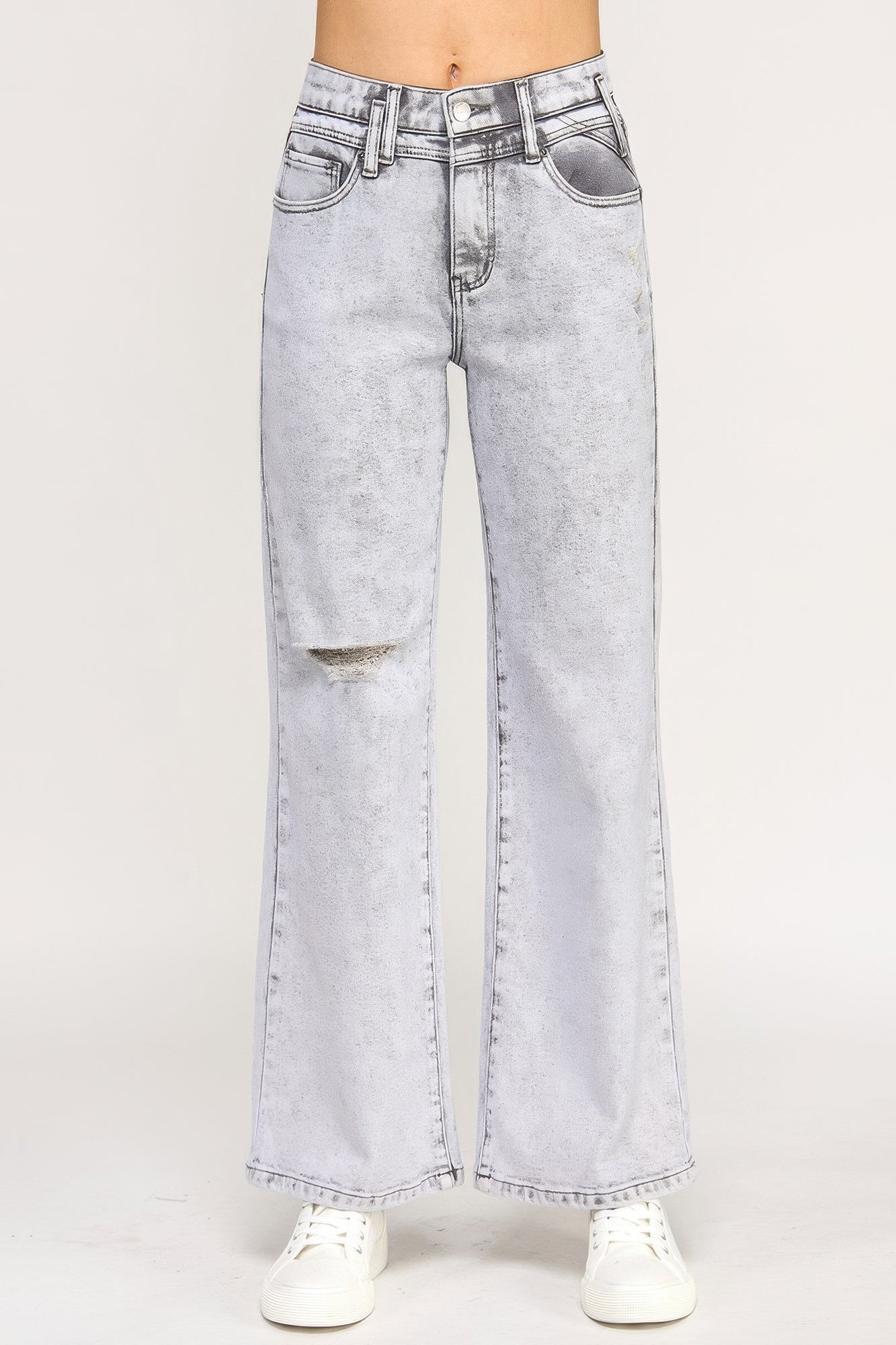 High-rise wide-leg acid grey jeans, straight wide cut with front pockets.