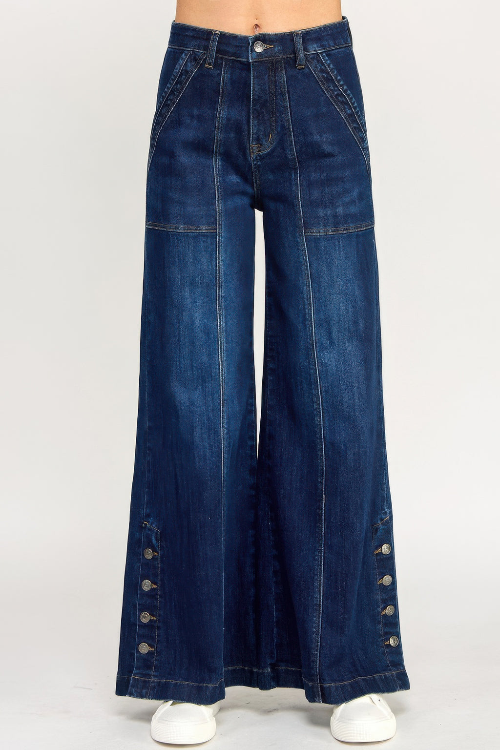 High Rise Wide-Leg Jeans mit Knopf-Schlitz vorne, dunkelblau, Frontansicht