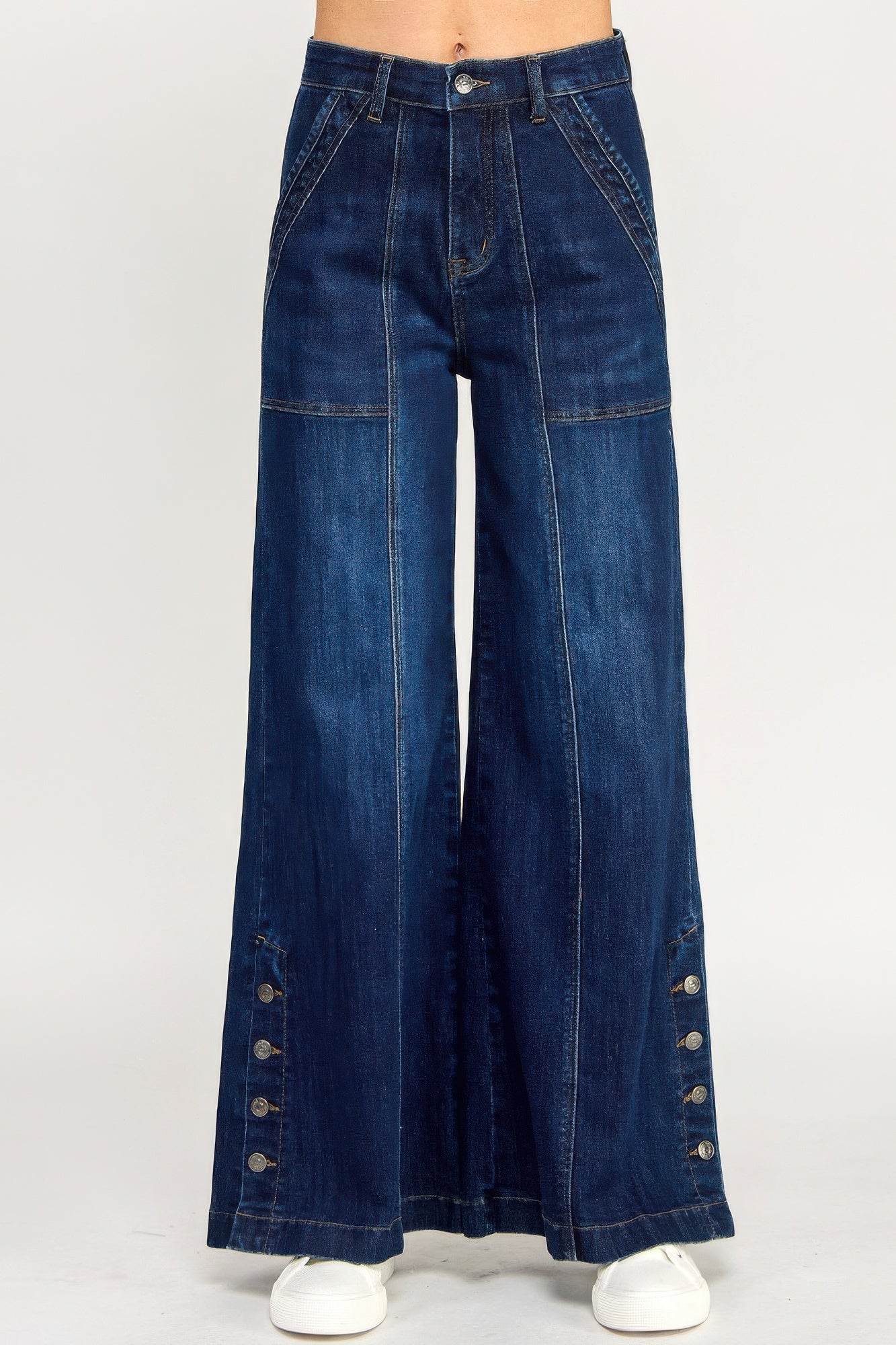 High Rise Wide-Leg Jeans mit Knopf-Schlitz vorne, dunkelblau, Frontansicht