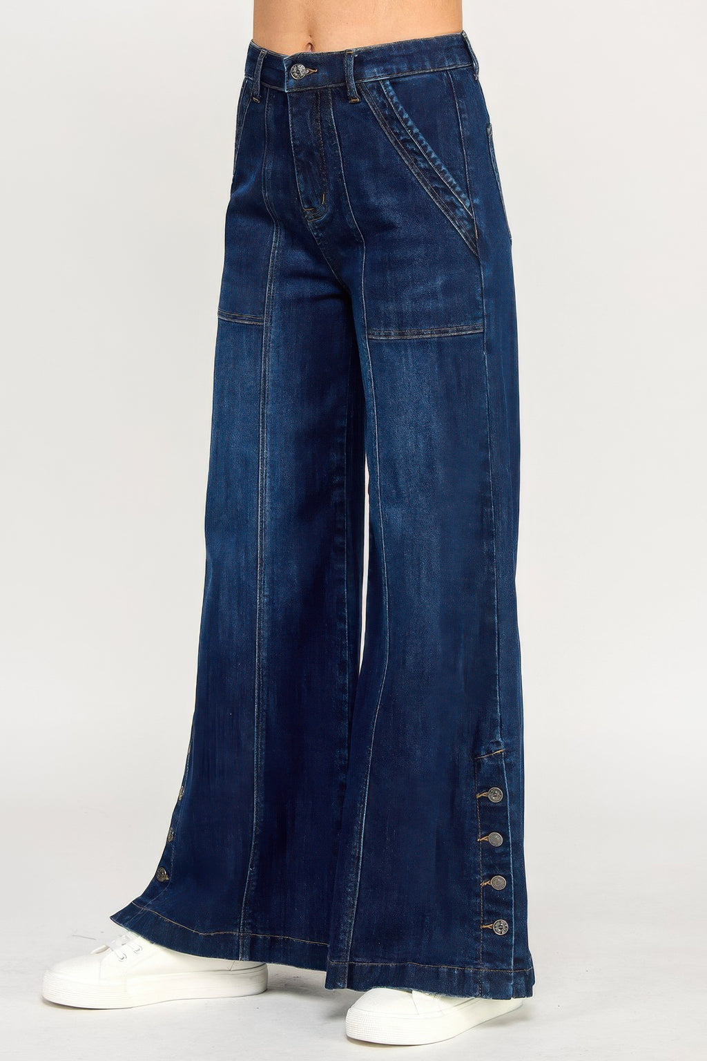 High Rise Wide-Leg Jeans dunkelblau mit Knopf-Schlitz am Saum, Seitenansicht