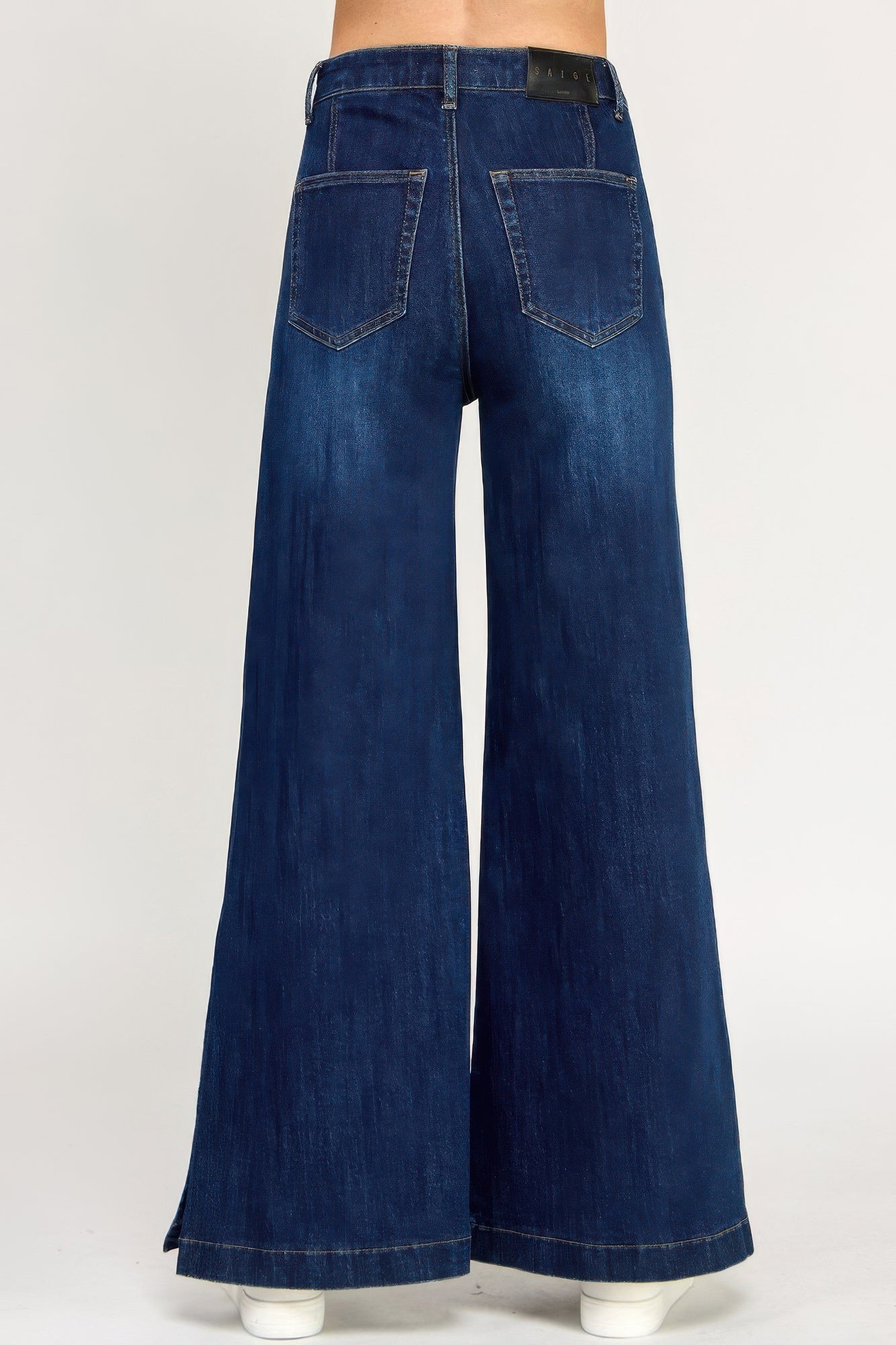High Rise Wide-Leg Jeans dunkelblau, Rückansicht mit Gesäßtaschen