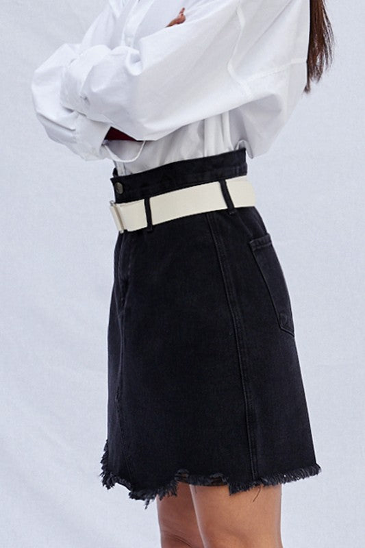 High Waist Belted Mini Denim Skirt - Tigbul's Variety Fashion Shop