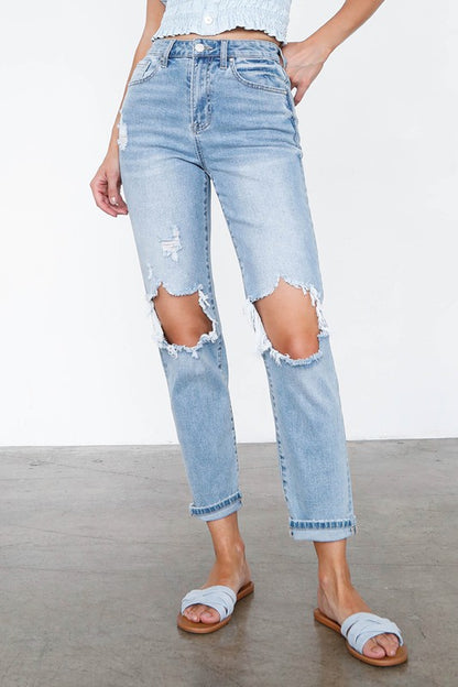 High Waist Destroyed Hem Boyfriend Jeans - Tigbul's Variety Fashion Shop