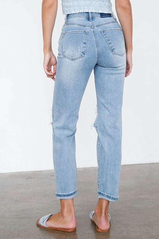 High Waist Destroyed Hem Boyfriend Jeans - Tigbul's Variety Fashion Shop